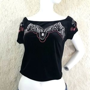 Free people boho crop top velvet embroidered top